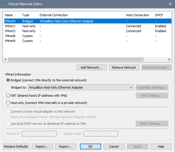 Virtual Network Editor in VMware showing a network bridged to Adapter 2 which was previously added in VirtualBox