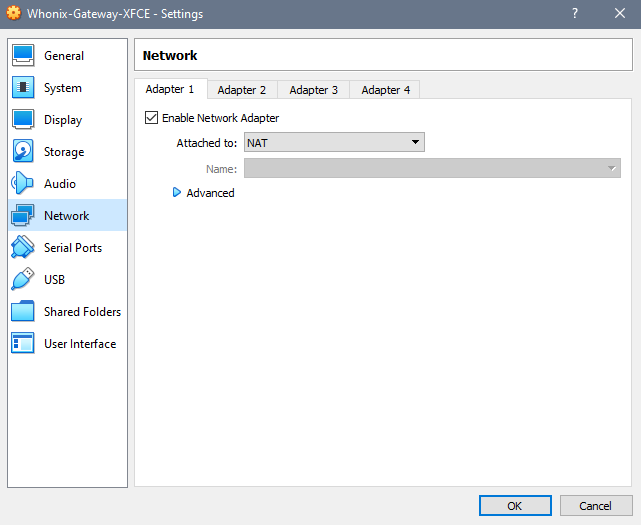 Adapter 1 tab in network section of Whonix gateway settings containing a field named attached to with the value of NAT
