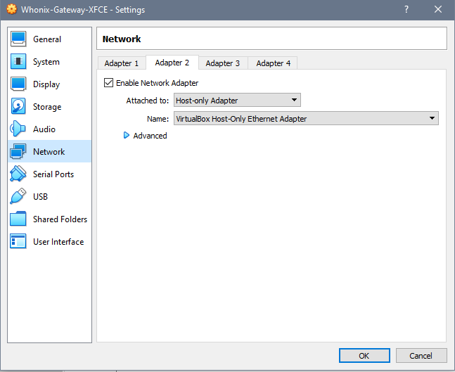Adapter 2 tab in network section of Whonix gateway settings containing a field named attached to with the value of Host-only adapter