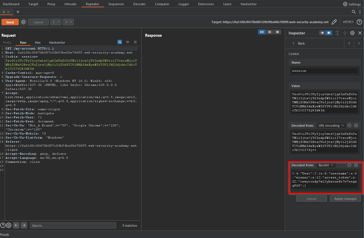 A request in Burp Suite repeater showing encoded and highlighted decoded session cookie values in Inspector section