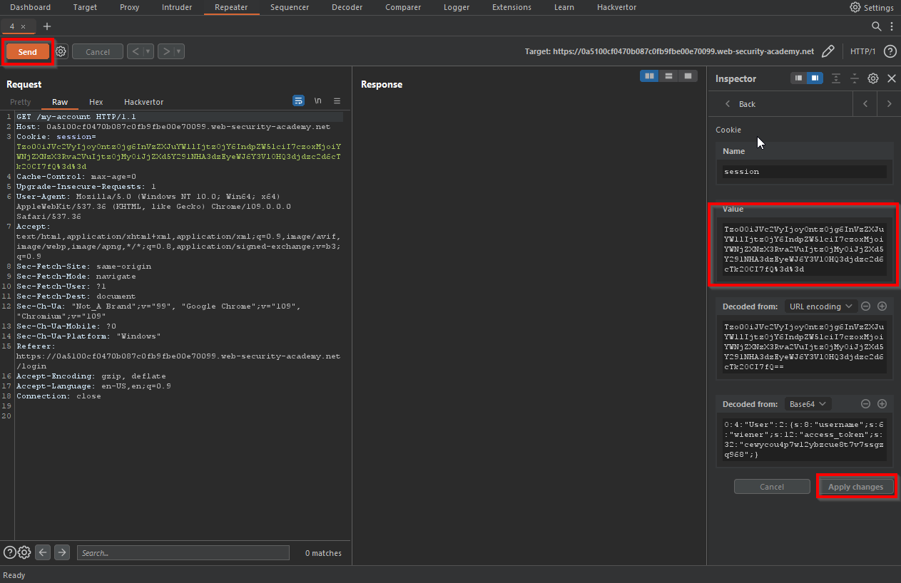 A request in Burp Suite repeater with pasted session cookie value and apply changes buttons highlighted in inspector section