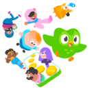 Some Duolingo characters in a happy playful mood